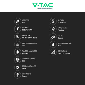VT-2112 Lampadina LED E27 10.5W Bulb A60 Goccia SMD V-Tac