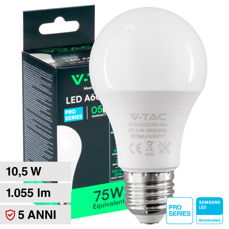 VT-211 Lampadina LED E27 10,5W A60 Chip Samsung V-Tac Pro