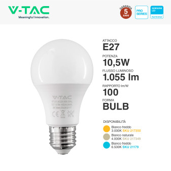 VT-211 Lampadina LED E27 10,5W A60 Chip Samsung V-Tac Pro