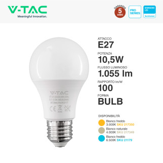 VT-211 Lampadina LED E27 10,5W A60 Chip Samsung V-Tac Pro