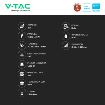 VT-211 Lampadina LED E27 10,5W A60 Chip Samsung V-Tac Pro