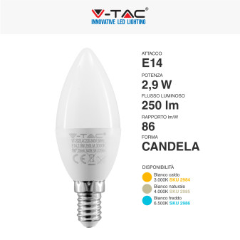 V-Tac VT-2323 Lampadina LED E14 2,9W Bulb C37 Candela SMD