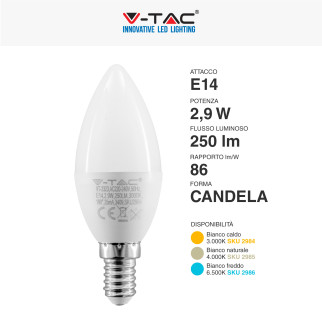 V-Tac VT-2323 Lampadina LED E14 2,9W Bulb C37 Candela SMD