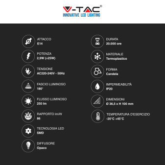 V-Tac VT-2323 Lampadina LED E14 2,9W Bulb C37 Candela SMD