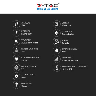 V-Tac VT-2323 Lampadina LED E14 2,9W Bulb C37 Candela SMD
