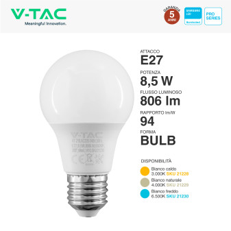 VT-210 Lampadina LED E27 8.5W Bulb A60 Goccia V-Tac Pro