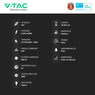 VT-210 Lampadina LED E27 8.5W Bulb A60 Goccia V-Tac Pro
