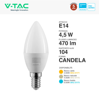 VT-226 Lampadina LED E14 4,5W Candela Chip Samsung V-Tac