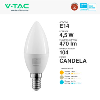 VT-226 Lampadina LED E14 4,5W Candela Chip Samsung V-Tac