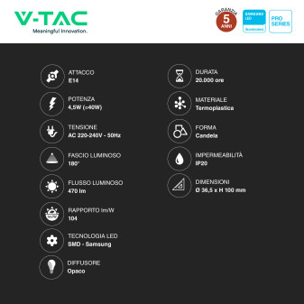 VT-226 Lampadina LED E14 4,5W Candela Chip Samsung V-Tac