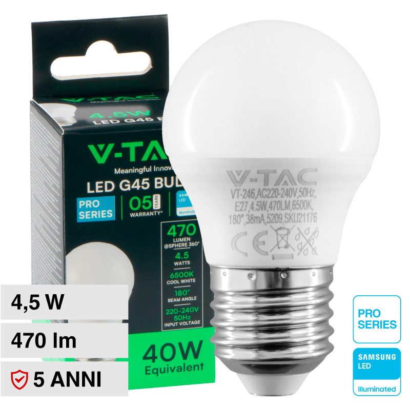 VT-246 Lampadina LED E27 4,5W Bulb G45 MiniGlobo V-Tac Pro
