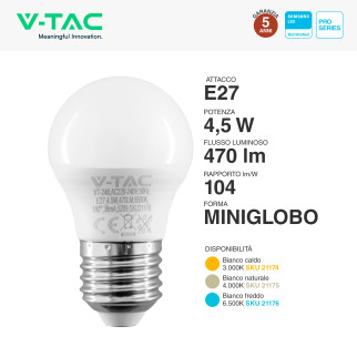 VT-246 Lampadina LED E27 4,5W Bulb G45 MiniGlobo V-Tac Pro