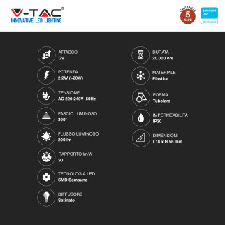 VT-11033 Lampadina LED G9 2,2W SMD Chip Samsung V-Tac