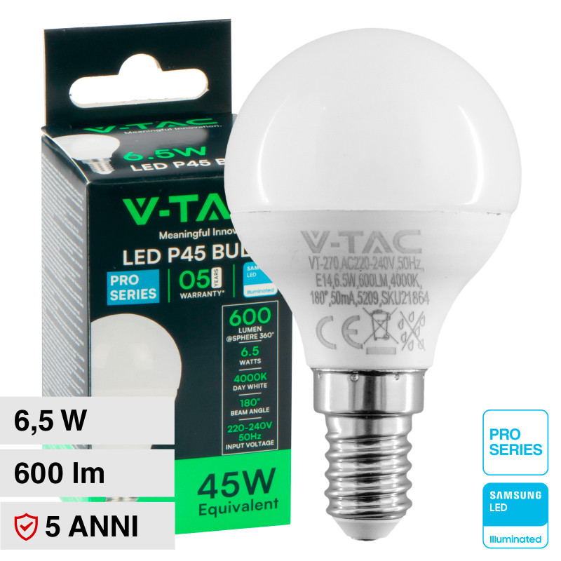 VT-270 Lampadina LED E14 6,5W Bulb P45 MiniGlobo V-Tac Pro