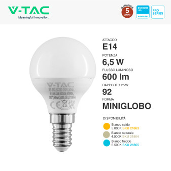 VT-270 Lampadina LED E14 6,5W Bulb P45 MiniGlobo V-Tac Pro