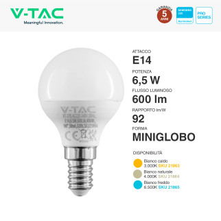 VT-270 Lampadina LED E14 6,5W Bulb P45 MiniGlobo V-Tac Pro