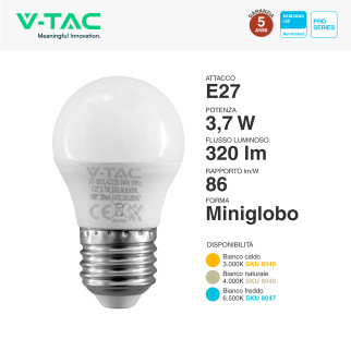 VT-1812 Lampadina LED E27 3,7W G45 MiniGlobo SMD Chip Samsung V-Tac