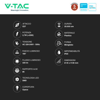 VT-1812 Lampadina LED E27 3,7W G45 MiniGlobo SMD Chip Samsung V-Tac