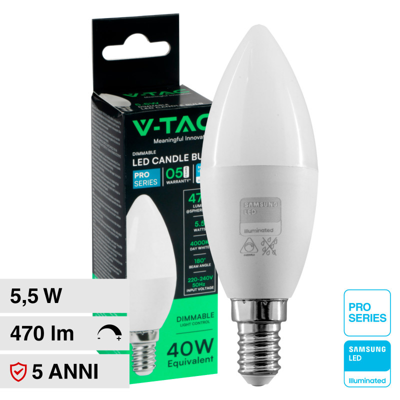 VT-293D Lampadina LED E14 5,5W Candle Chip Samsung V-Tac Pro