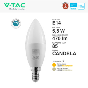 VT-293D Lampadina LED E14 5,5W Candle Chip Samsung V-Tac Pro