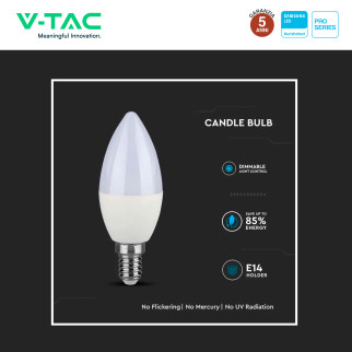 VT-293D Lampadina LED E14 5,5W Candle Chip Samsung V-Tac Pro