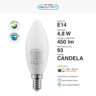 V-Tac Smart VT-5114 Lampadina LED Wi-Fi E14 4.8W Candle Bulb C37 Candela RGB+W Changing Color CCT Dimmerabile