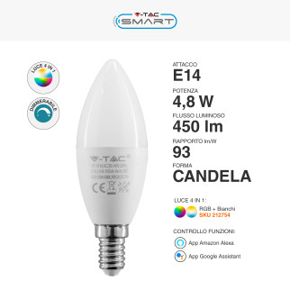 V-Tac Smart VT-5114 Lampadina LED Wi-Fi E14 4.8W Candle Bulb C37 Candela RGB+W Changing Color CCT Dimmerabile