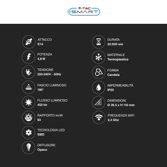 V-Tac Smart VT-5114 Lampadina LED Wi-Fi E14 4.8W Candle Bulb C37 Candela RGB+W Changing Color CCT Dimmerabile