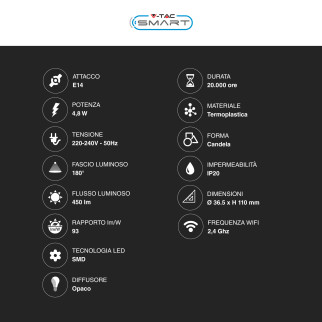 V-Tac Smart VT-5114 Lampadina LED Wi-Fi E14 4.8W Candle Bulb C37 Candela RGB+W Changing Color CCT Dimmerabile