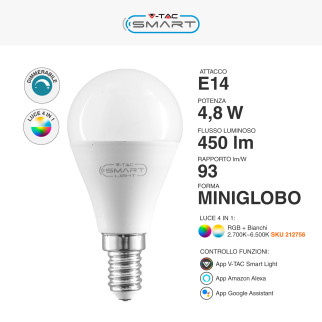 V-Tac Smart VT-5154 Lampadina LED Wi-Fi E14 4.8W Bulb P45 MiniGlobo SMD RGB+W Changing Color CCT Dimmerabile