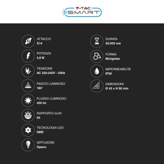 V-Tac Smart VT-5154 Lampadina LED Wi-Fi E14 4.8W Bulb P45 MiniGlobo SMD RGB+W Changing Color CCT Dimmerabile