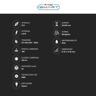 V-Tac Smart VT-5154 Lampadina LED Wi-Fi E14 4.8W Bulb P45 MiniGlobo SMD RGB+W Changing Color CCT Dimmerabile