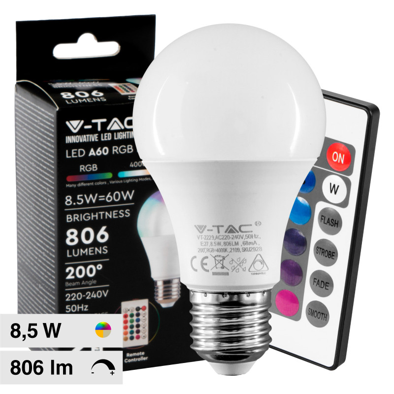 VT-2229 Lampadina LED A60 8,5W E27 RGB+W Dimmerabile V-Tac