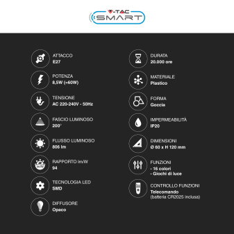 VT-2229 Lampadina LED A60 8,5W E27 RGB+W Dimmerabile V-Tac