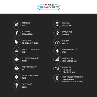 VT-2229 Lampadina LED A60 8,5W E27 RGB+W Dimmerabile V-Tac