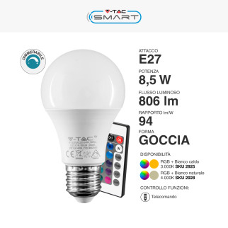 VT-2229 Lampadina LED A60 8,5W E27 RGB+W Dimmerabile V-Tac