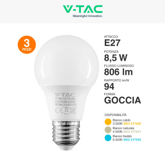VT-1900 Super Saver Pack 3 Lampadine LED E27 A60 8,5W V-Tac
