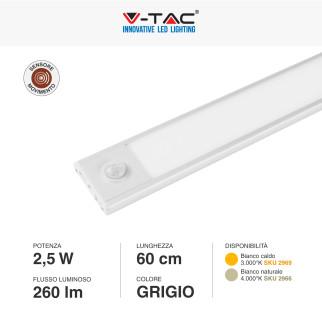V-Tac VT-8143 Lampada LED da Armadio 2.5W SMD Ricaricabile Micro USB Sensore PIR di Movimento