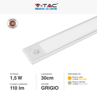 V-Tac VT-8141 Lampada LED da Armadio 1.5W SMD Ricaricabile Micro USB Sensore PIR di Movimento