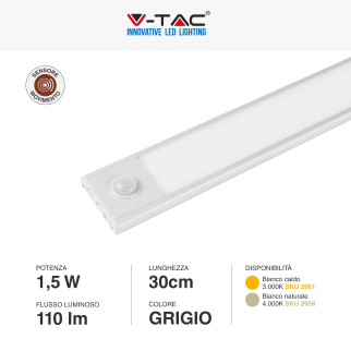 V-Tac VT-8141 Lampada LED da Armadio 1.5W SMD Ricaricabile Micro USB Sensore PIR di Movimento