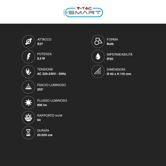 VT-5109 Lampadina LED A60 8,5W E27 RGB+W Dimmerabile V-Tac