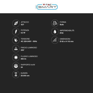 VT-5109 Lampadina LED A60 8,5W E27 RGB+W Dimmerabile V-Tac