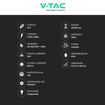 VT-21125 Lampadina LED E14 5,5W Candle Dimmerabile V-Tac