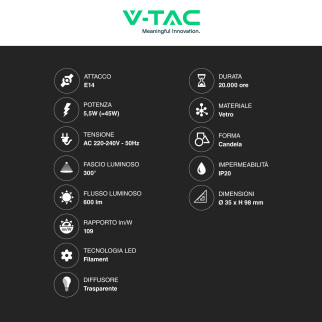 VT-21125 Lampadina LED E14 5,5W Candle Dimmerabile V-Tac