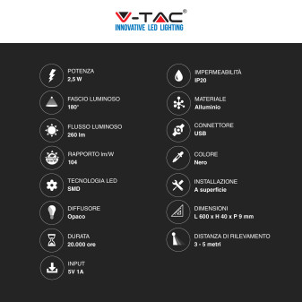 VT-8143 V-Tac Lampada LED da Armadio 2,5W SMD Sensore PIR