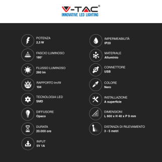 VT-8143 V-Tac Lampada LED da Armadio 2,5W SMD Sensore PIR