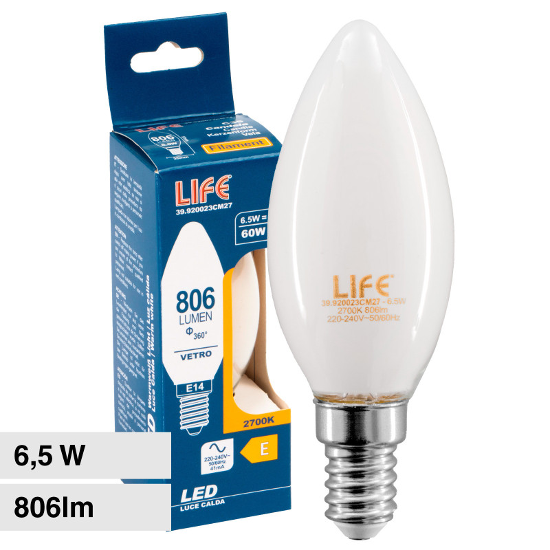 Lampadina LED E14 Filament 6,5W Candle C35 Candela Life
