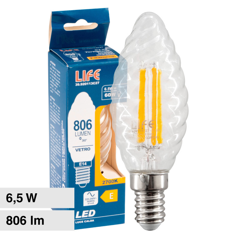 Lampadina LED E14 Filament 6,5W C35 Candela Twist Life