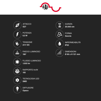 Lampadina LED E27 9,5W Bulb A60 Goccia SMD 24V DC FAI