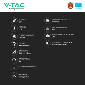 VT-280 Lampadina LED E27 11W Reflector R80 SMD Chip Samsung V-Tac